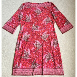 Womens Dress-JULIE DILLON-red/pink birds fish knit midi Maximalist artsy 3/4-12